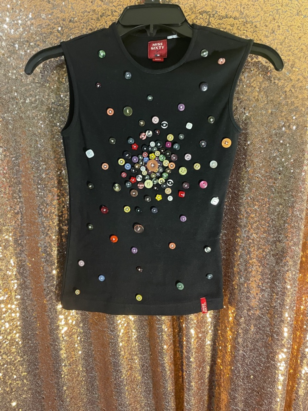 Miss Sixty Black Sleeveless Tank with Multicolor Button Embellishments